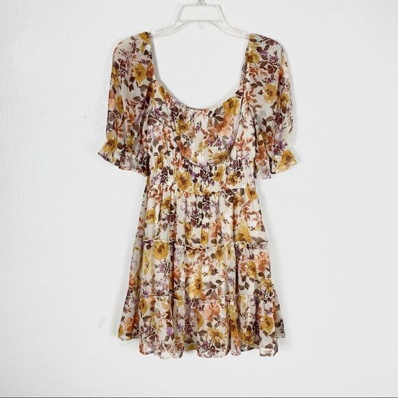 Trixxi White & Orange Floral Puff Sleeve Tiered Mini Dress - Picture 4 of 7
